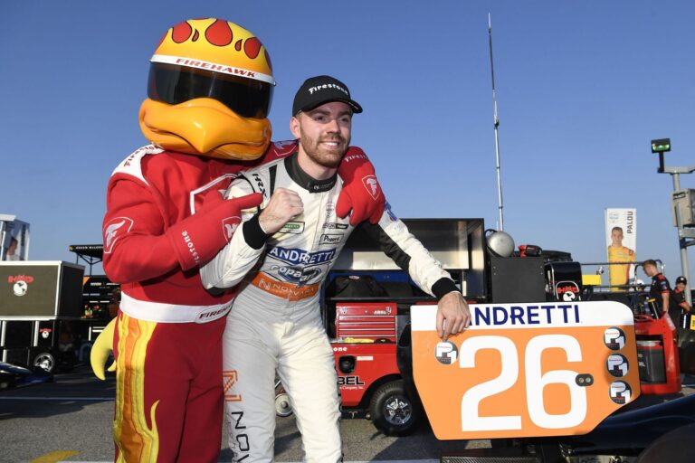 British IndyCar driver Louis Foster reminisces his skid marks at Indianapolis from a year before 