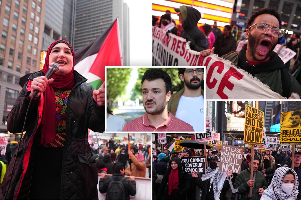 Protesters rally in Times Square calling for release of anti-Israel Columbia grad student Mahmoud Khalil Protesters rally in Times Square calling for release of anti-Israel Columbia grad student Mahmoud Khalil