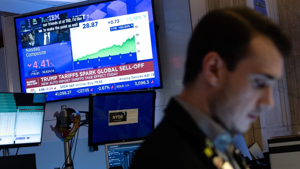 Stocks sink in another brutal day over Trump tariffs shock : NPR